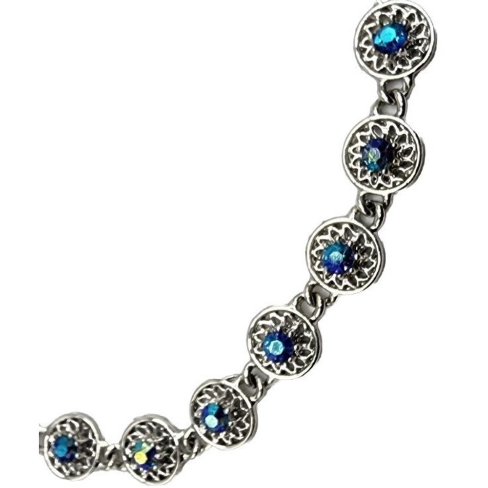 Vintage Dark Blue Aurora Borealis Rhinestone Silver Tone Filagree Necklace 17.5" - Picture 6 of 15